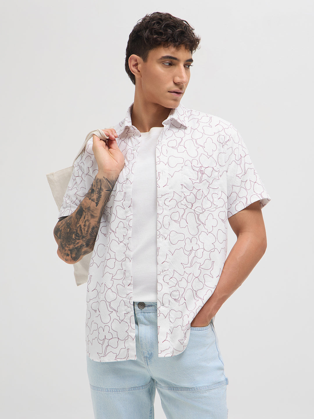 Maroon and White Abstract Line Printed Casual Shirt