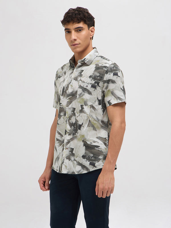 Sage Grey Paint Stroke Printed Casual Shirt
