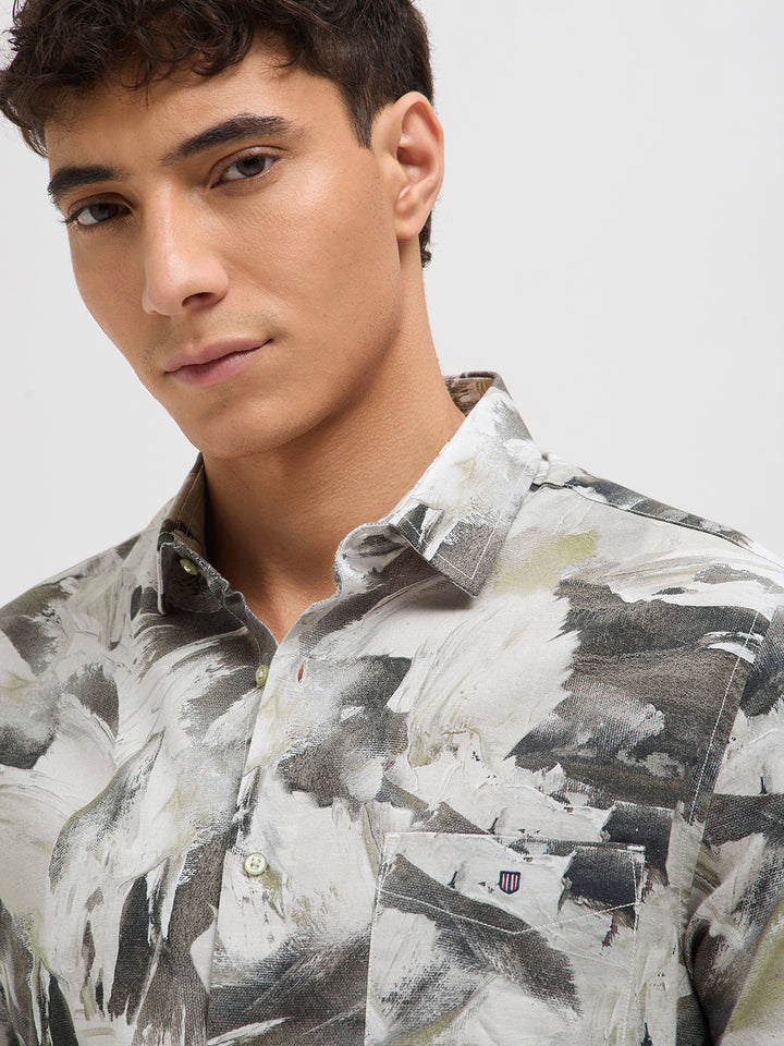 Sage Grey Paint Stroke Printed Casual Shirt