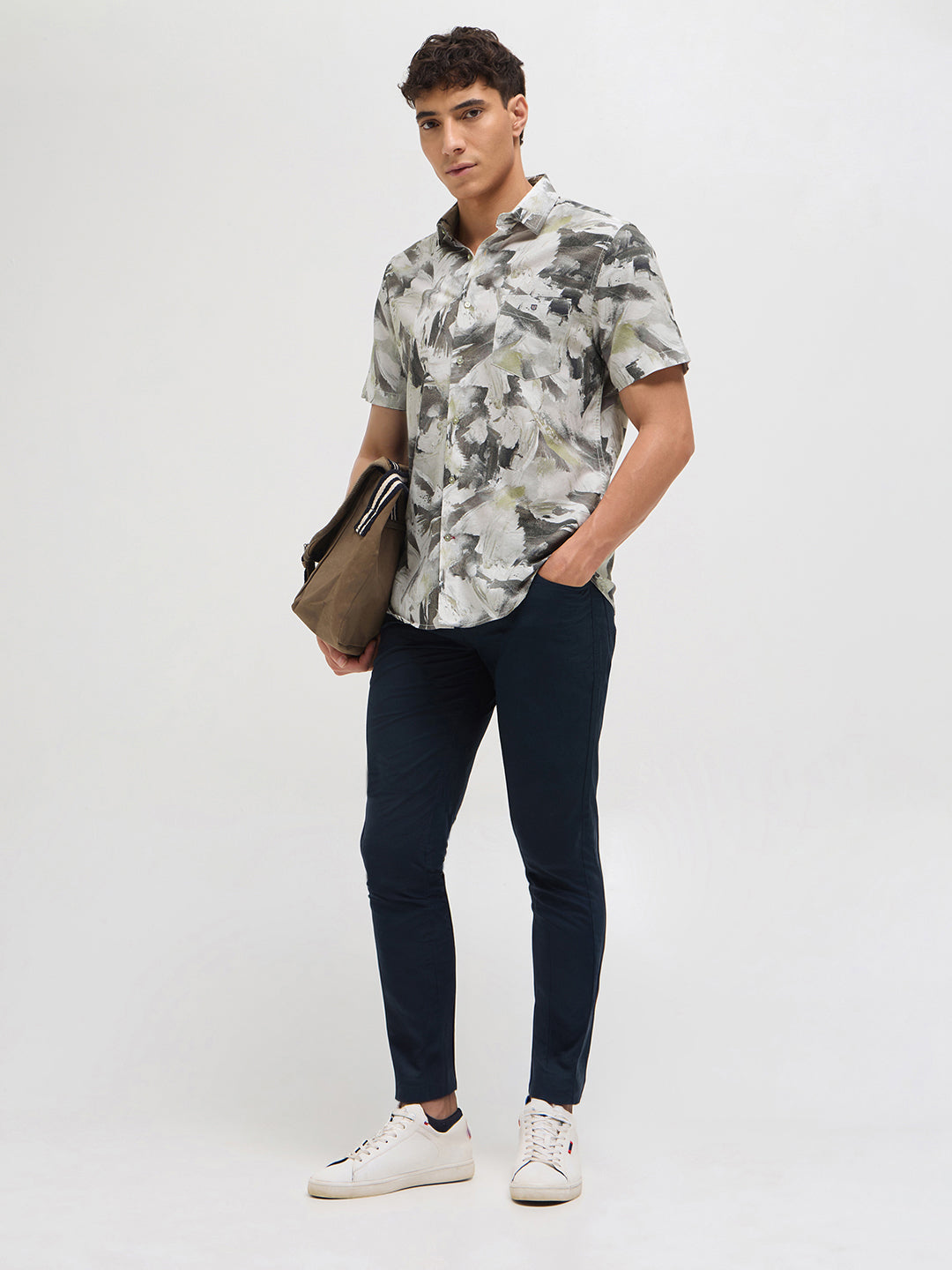 Sage Grey Paint Stroke Printed Casual Shirt