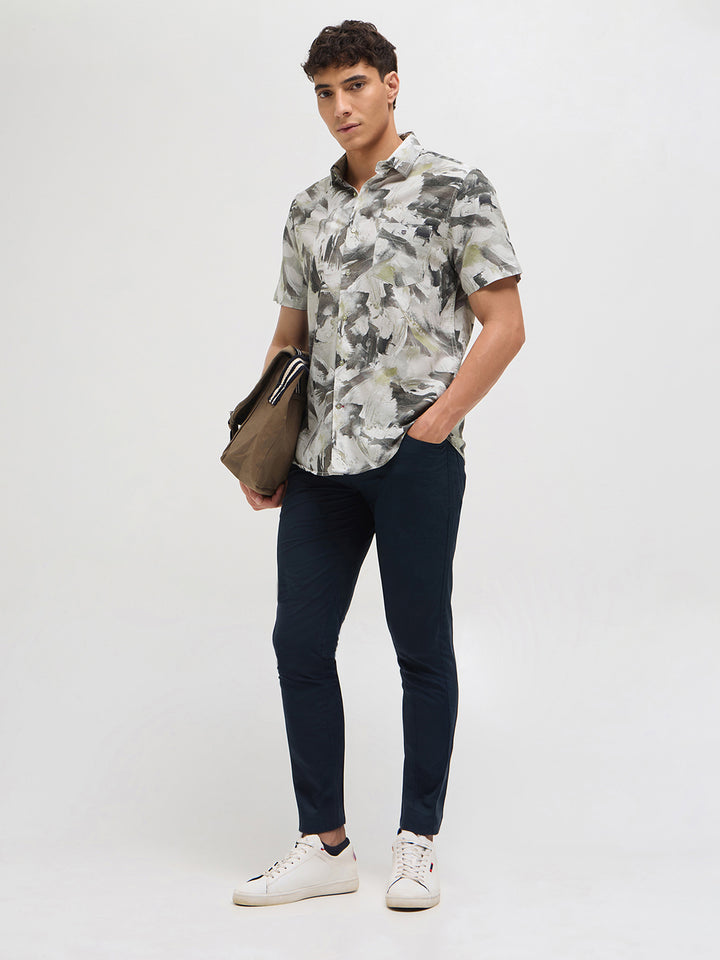 Sage Grey Paint Stroke Printed Casual Shirt