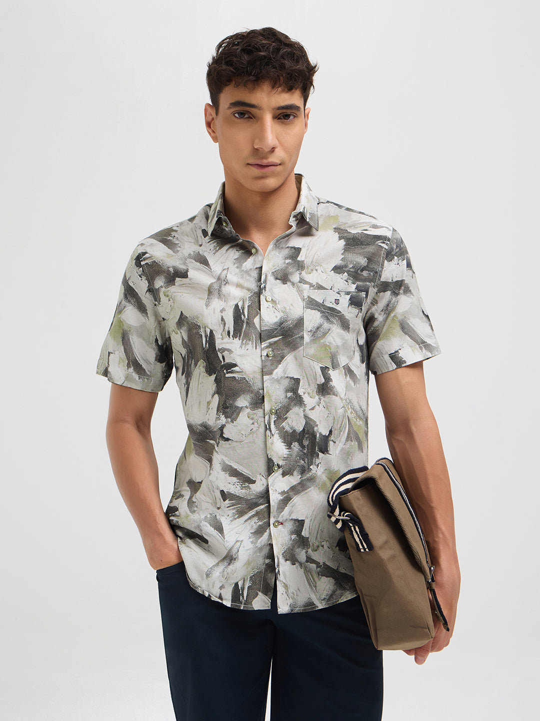 Sage Grey Paint Stroke Printed Casual Shirt