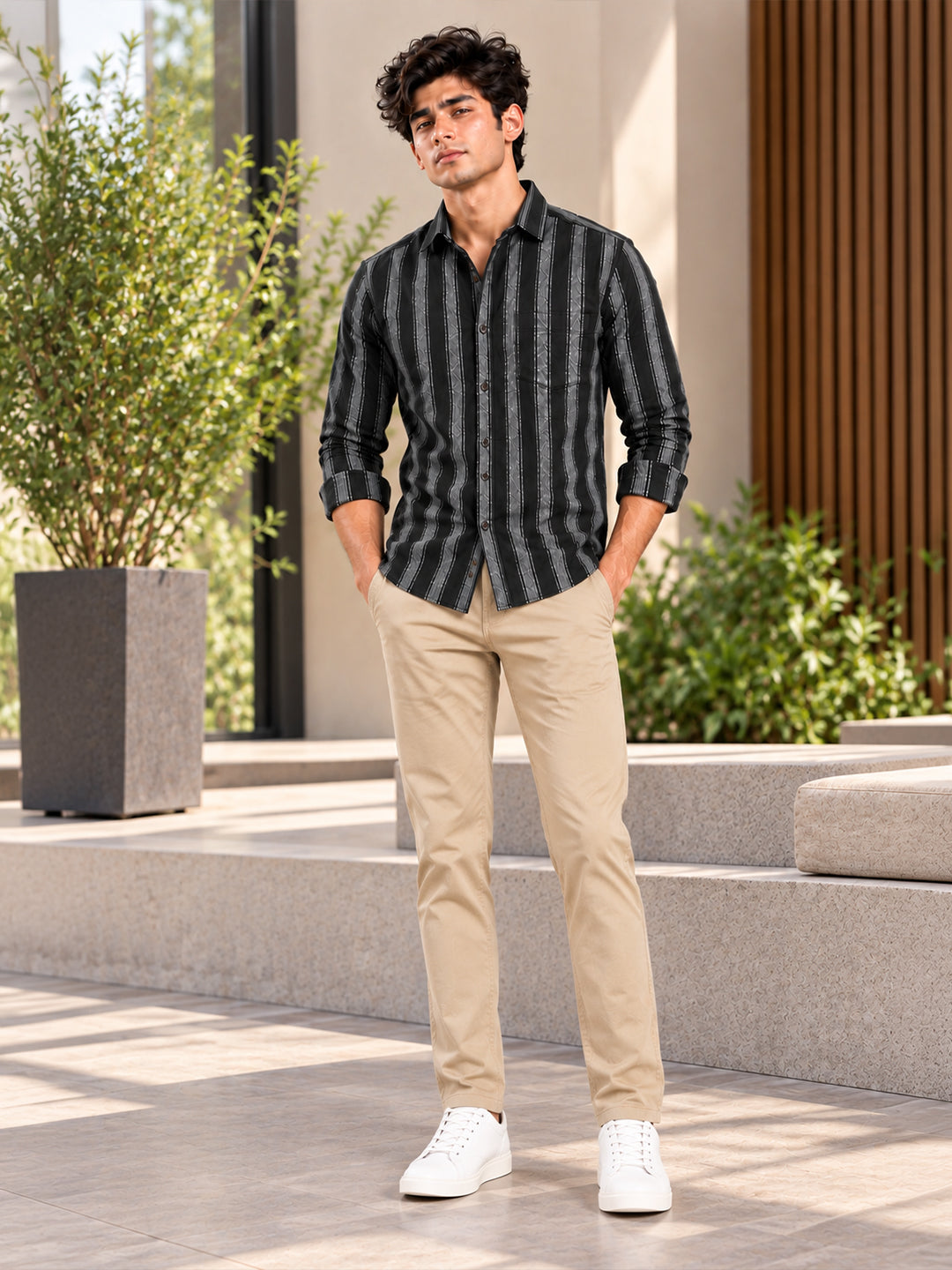 Core Black and Grey Vertical Stripes Casual Shirt