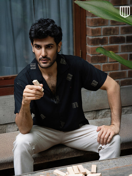Black Geometric Embroidery Printed Casual Shirt