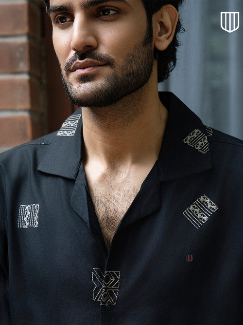 Black Geometric Embroidery Printed Casual Shirt