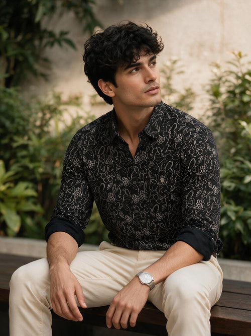 Raven Black Floral Printed Casual Shirt