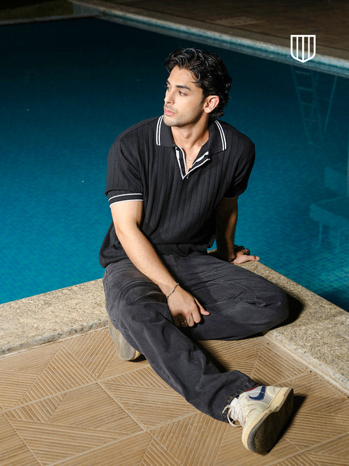 Black Textured Vertical Stripes Polo T Shirt