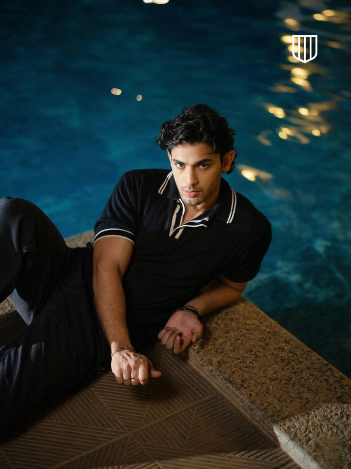 Black Textured Vertical Stripes Polo T Shirt