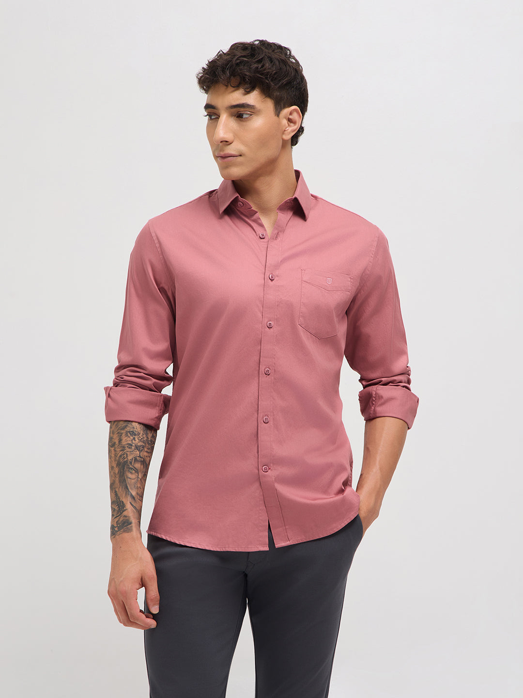 Rose Pink Twill Satin Solid Casual Shirt