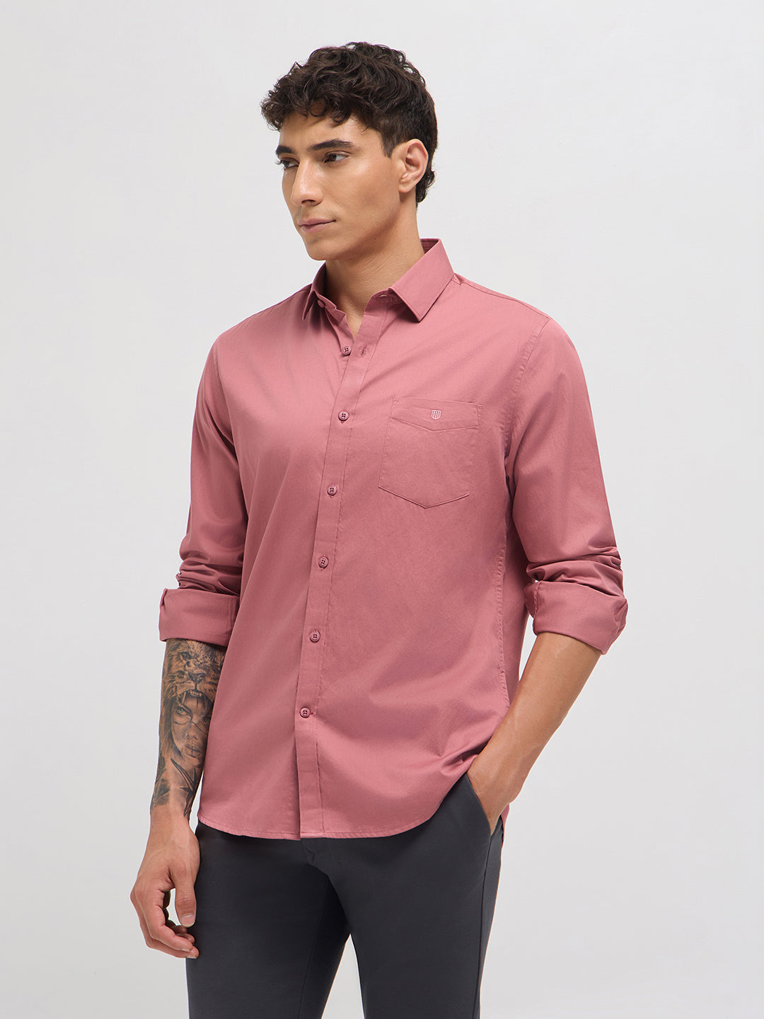 Rose Pink Twill Satin Solid Casual Shirt