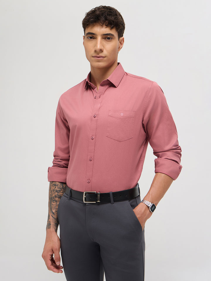 Rose Pink Twill Satin Solid Casual Shirt