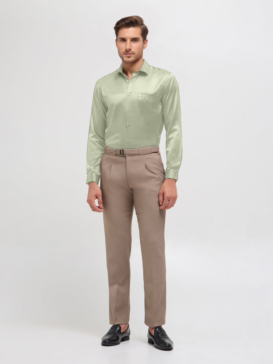 Pale Olive Green Satin Solid Formal Shirt