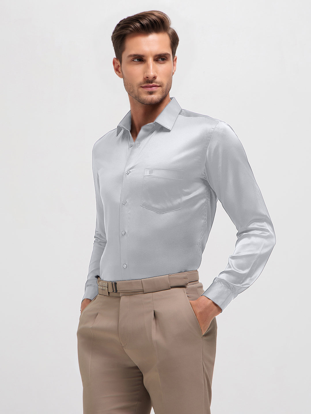 Silver Grey Satin  Solid Formal Shirt