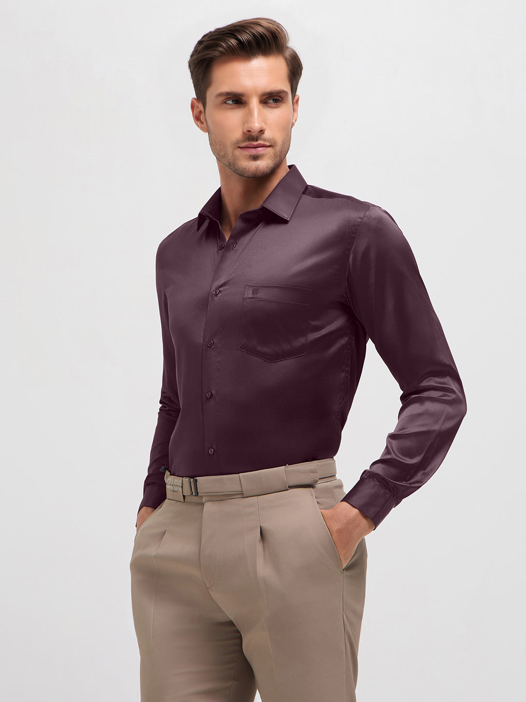 Burnt Brown Solid Satin Formal Shirt