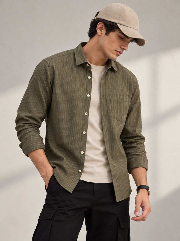 Light Olive Vertical Stripes Casual Shirt