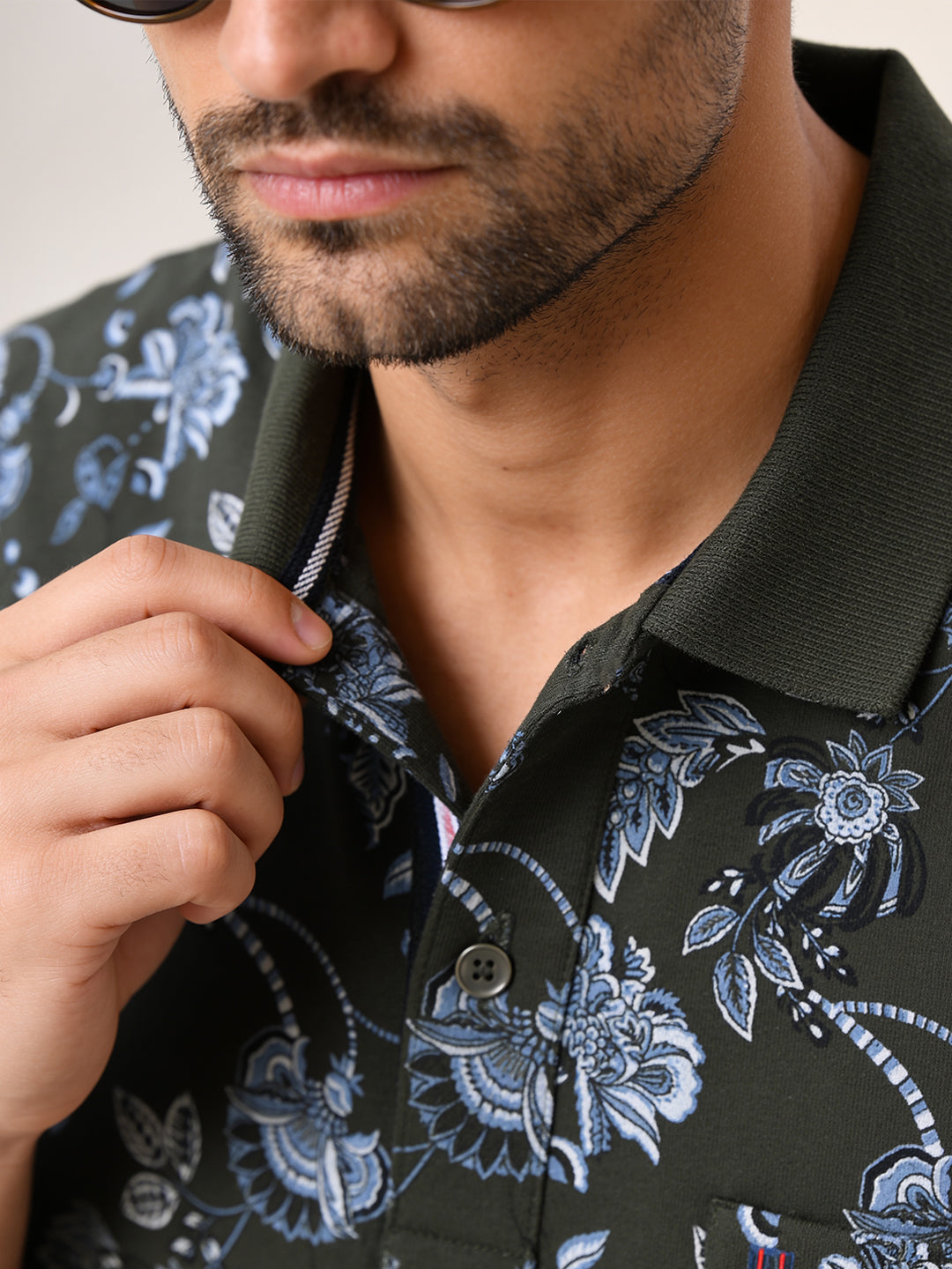 Deep Olive Green Floral Printed Polo T Shirt