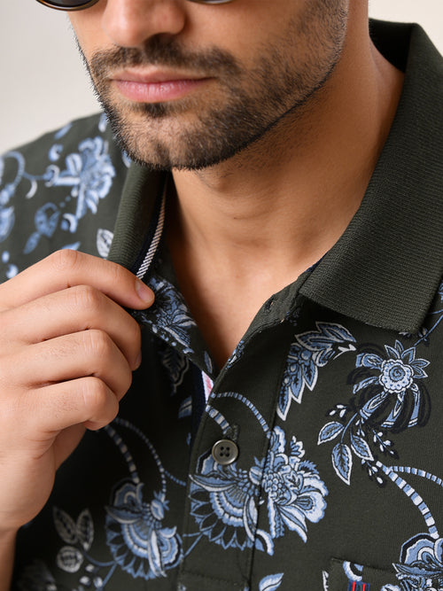 Deep Olive Green Floral Printed Polo T Shirt