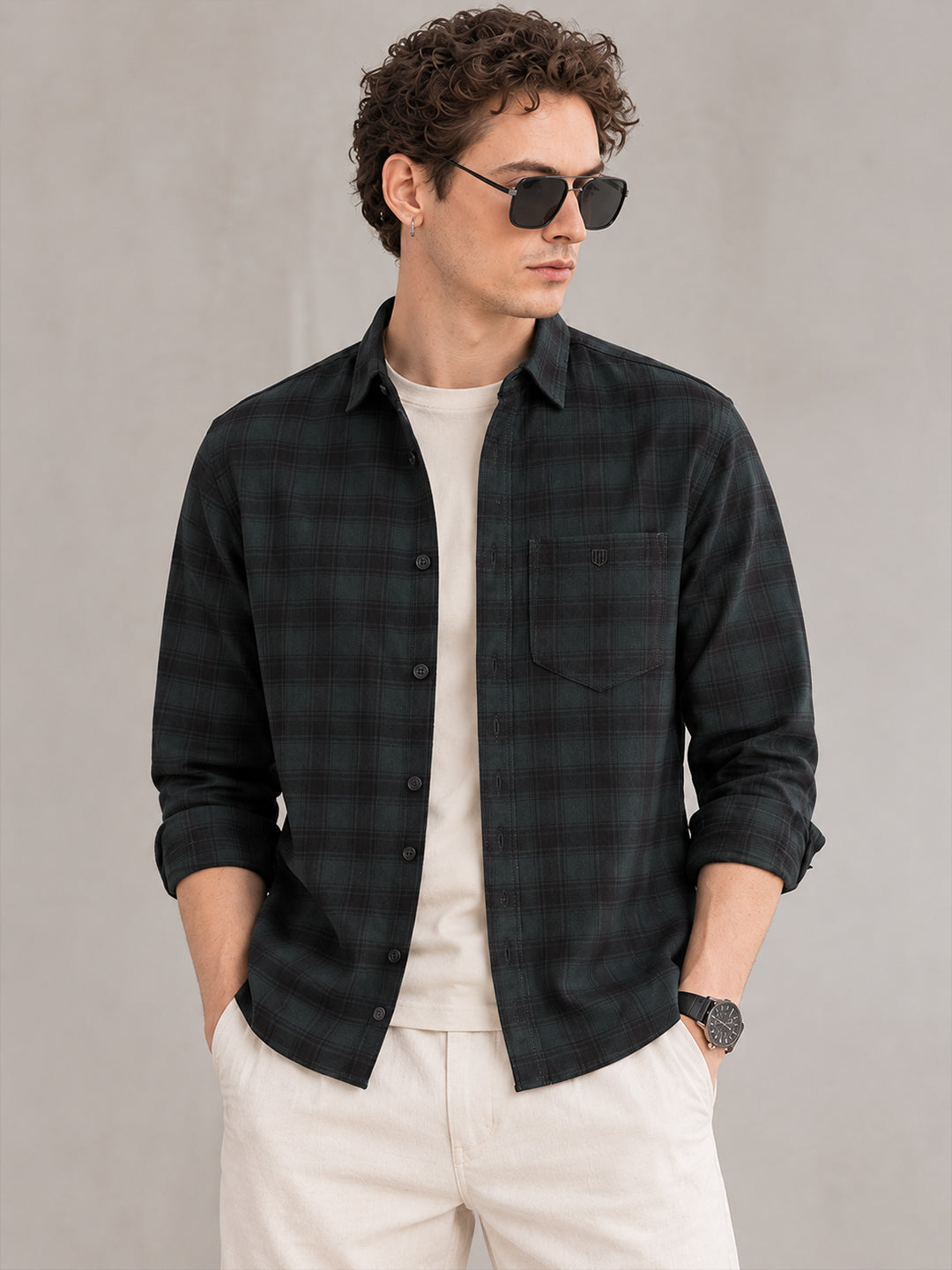 Mid night Green and Black Checkered Casual Shirt