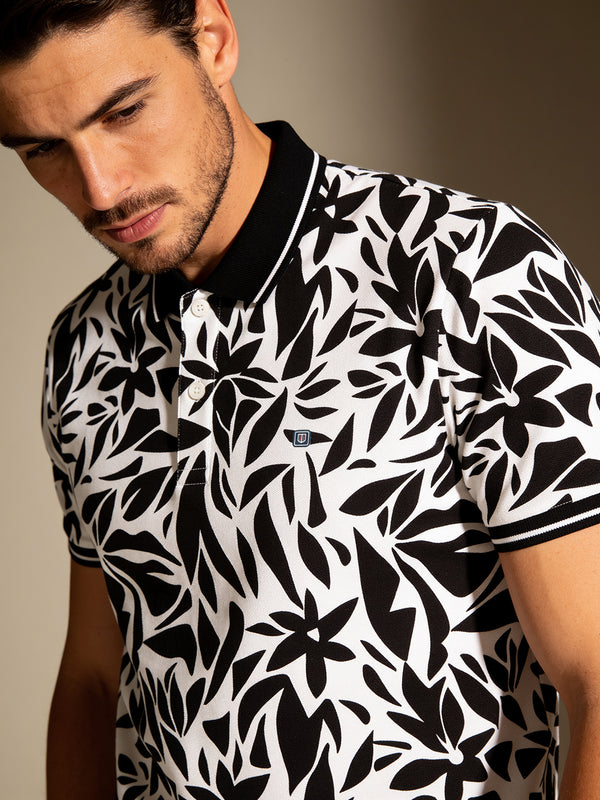 Black and White Floral Printed Polo T Shirt