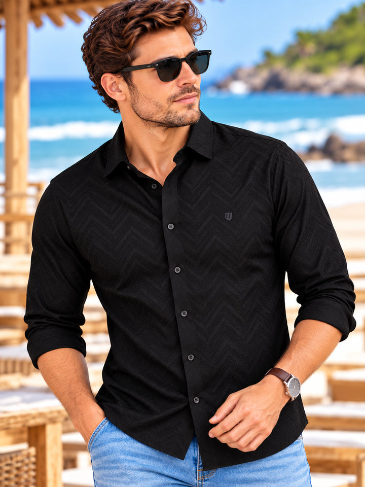 Black Textured Geometric Printed Urban Casual Shirt