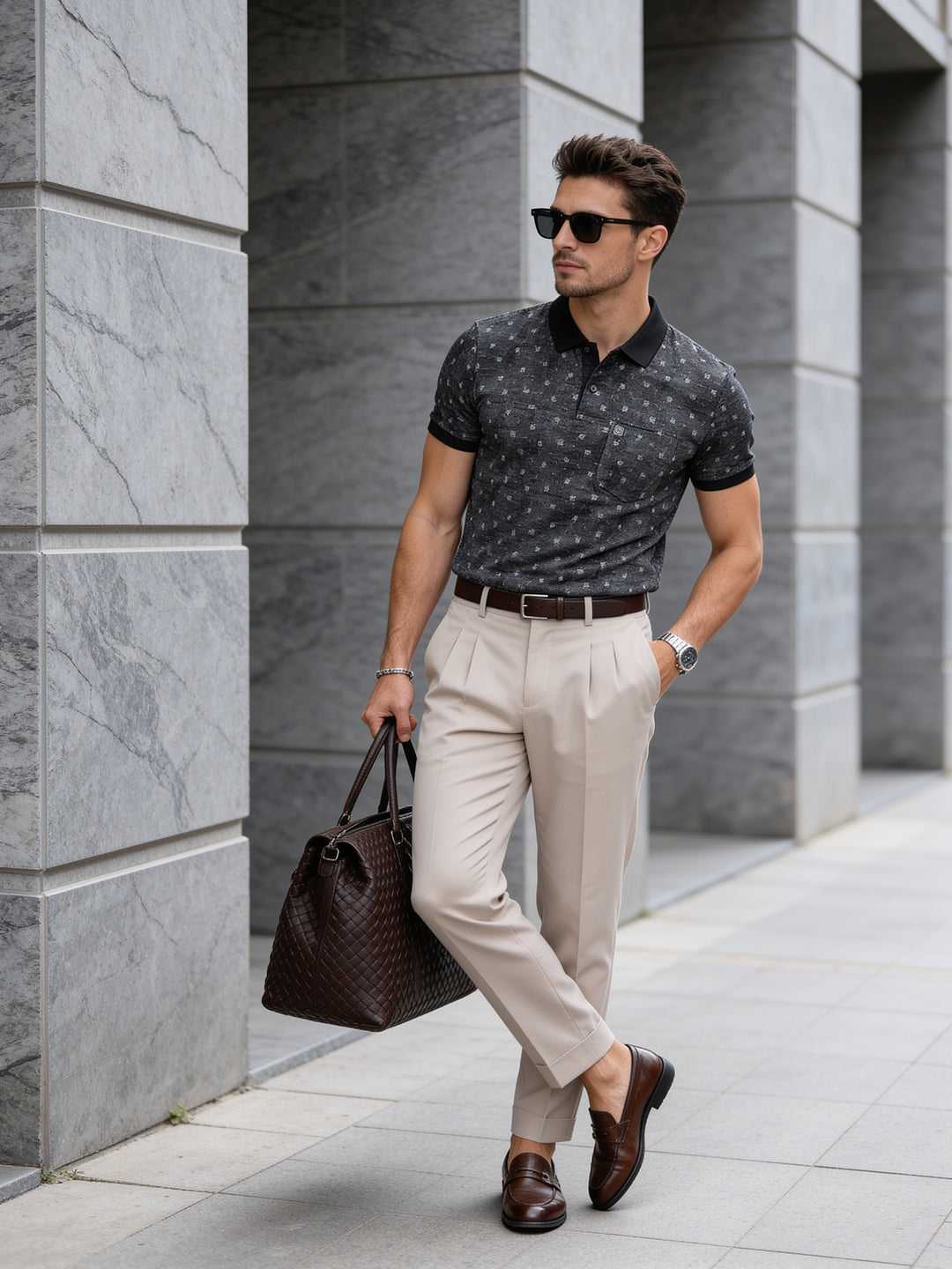 Deep Black Printed Polo T Shirt
