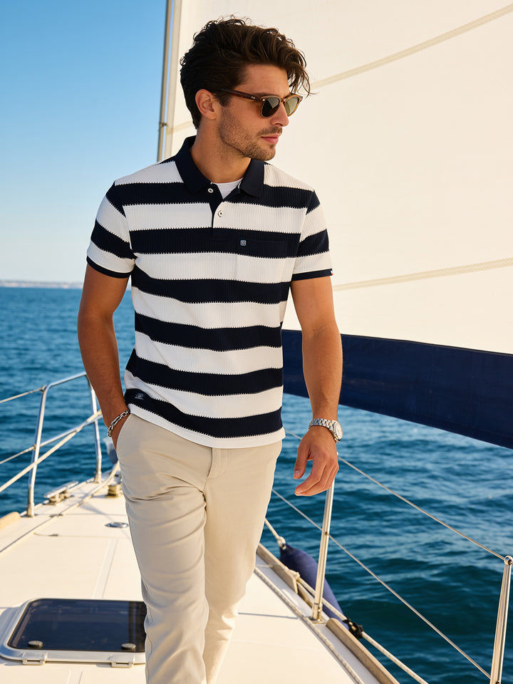 Ink Navy Solid Horizontal Stripes Polo T Shirt