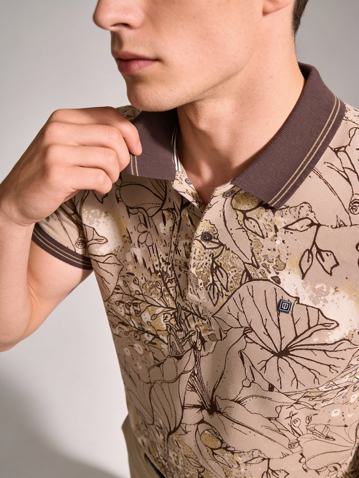 Mocha Beige Printed Polo T Shirt