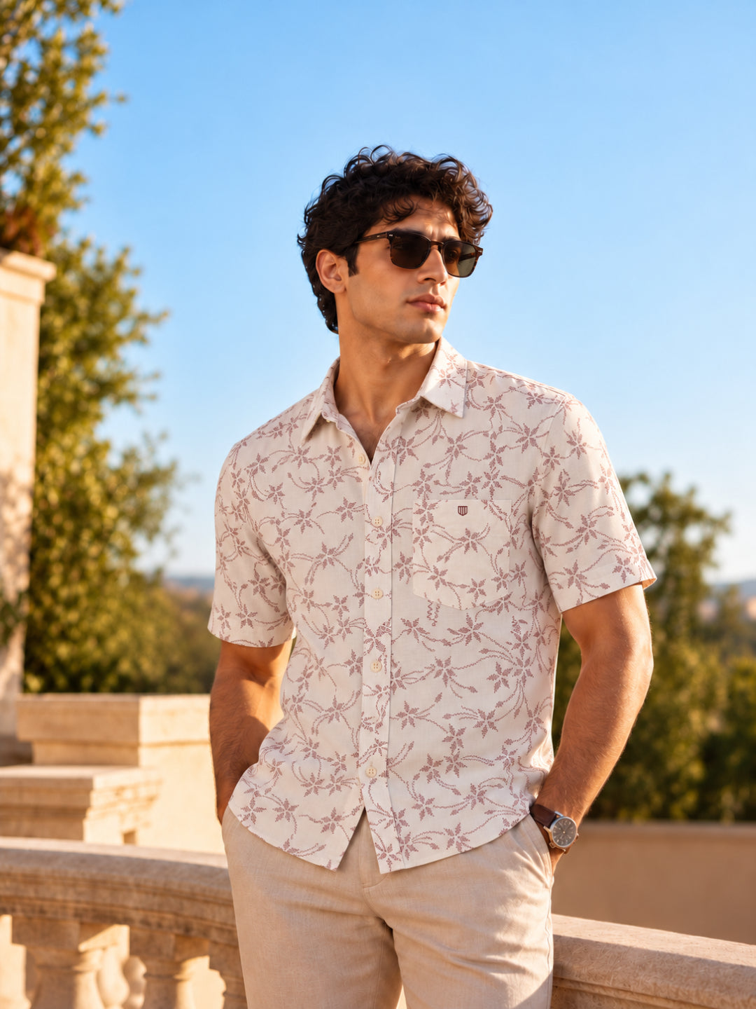 Beige and Maroon Abstract Printed Casual Shirt