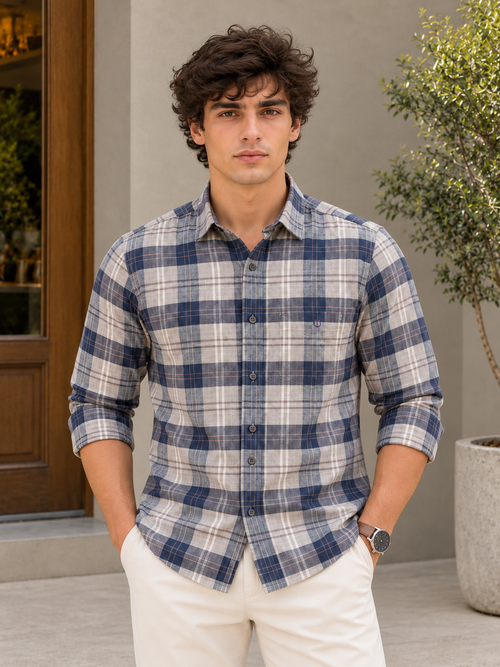 Dusty Navy Checkered Casual Shirt