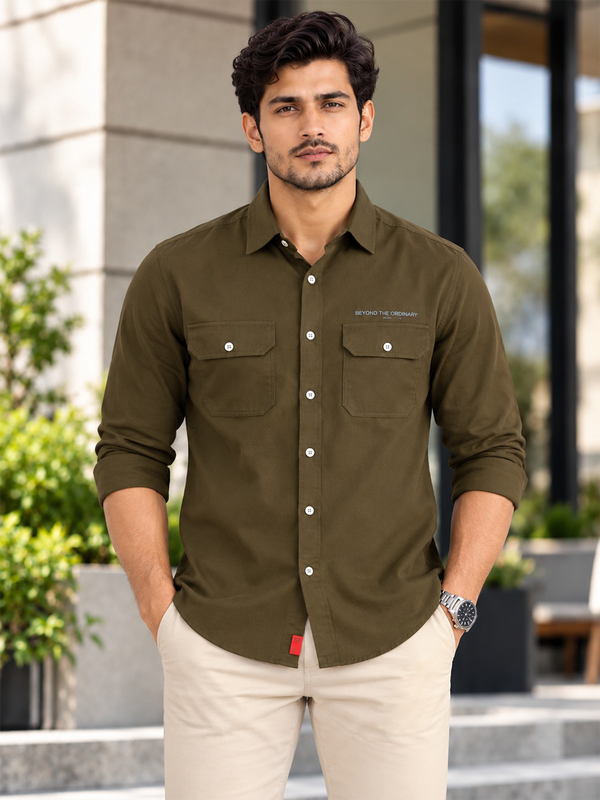 Vintage Olive Plain Urban Casual Shirt With Dual Pockets