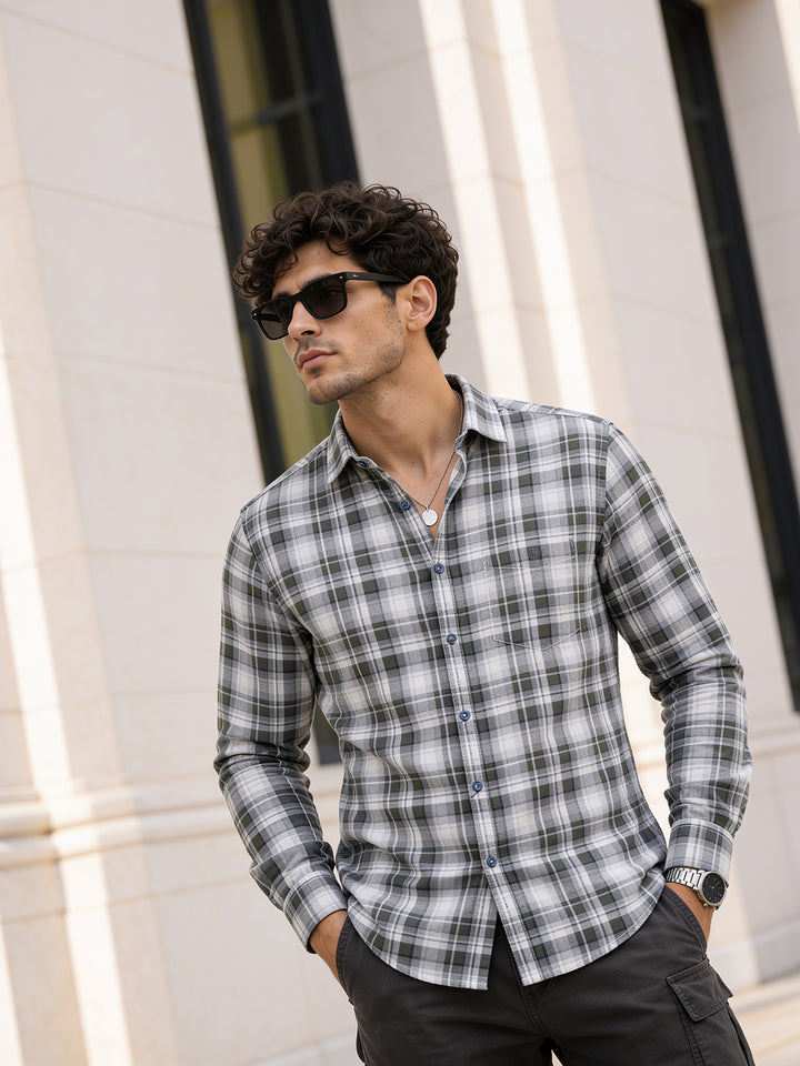 Dusty Mint Green and Cream Checkered Casual Shirt