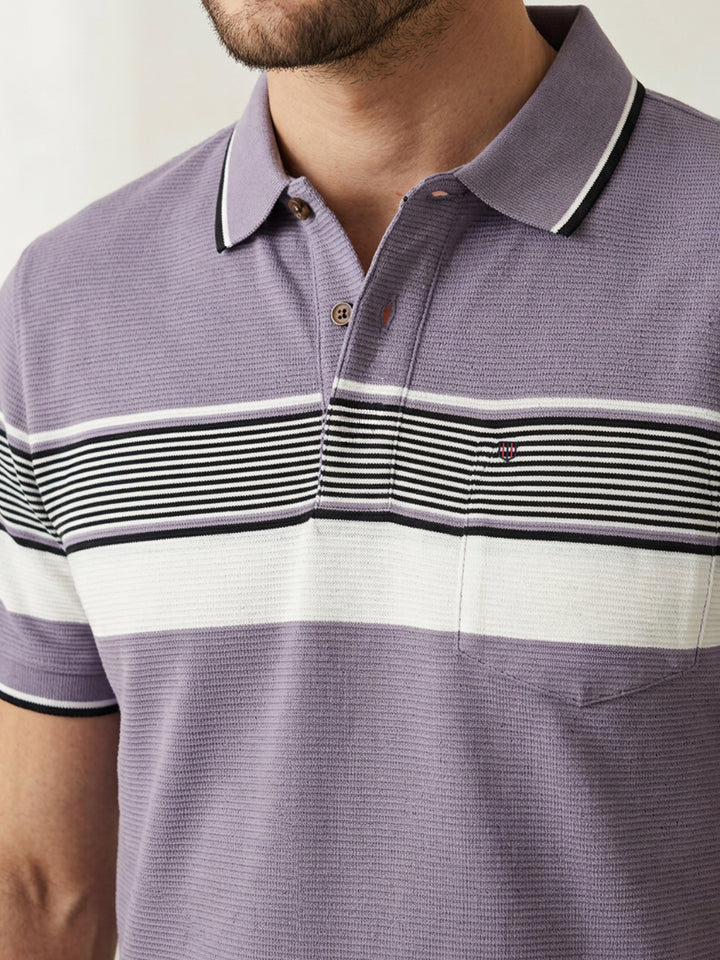 Lavender Grey Horizontal Stripes Polo T Shirt