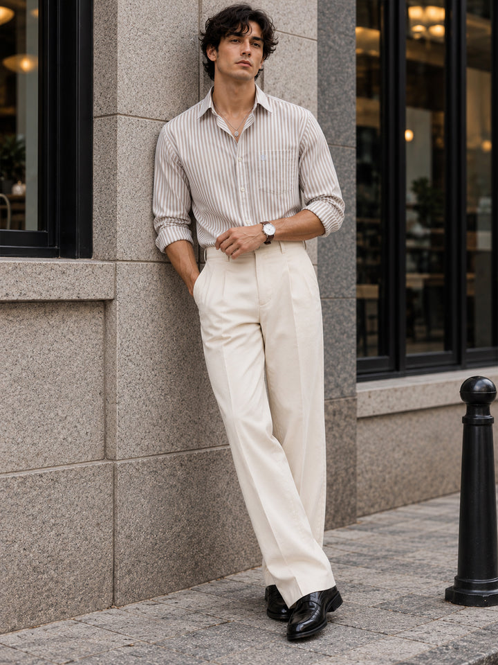 Oatmeal Beige and White Vertical Stripes Formal Shirt
