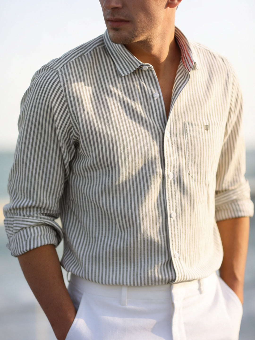Zinc Grey and White Stripes Casual Shirt
