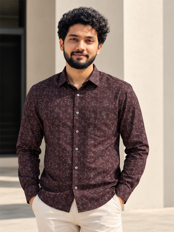 Dark Burgundy Micro Floral Printed Casual Shirt
