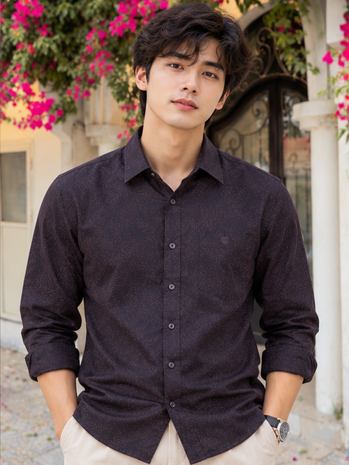 Charcoal Plum Floral Printed Casual Shirt