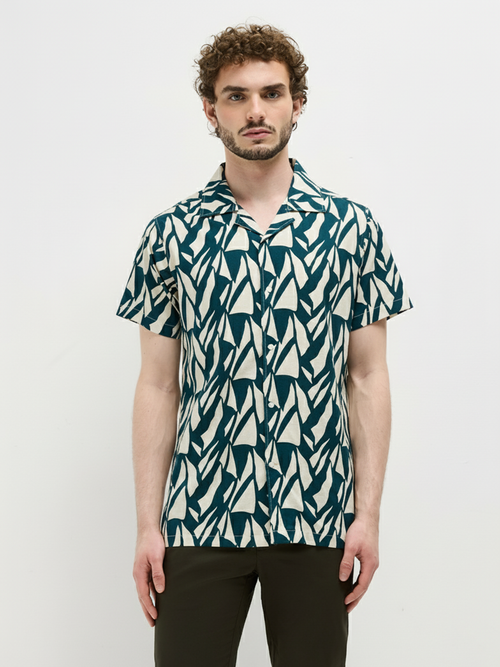Dark Teal Blue Geometric Printed Casual Shirt