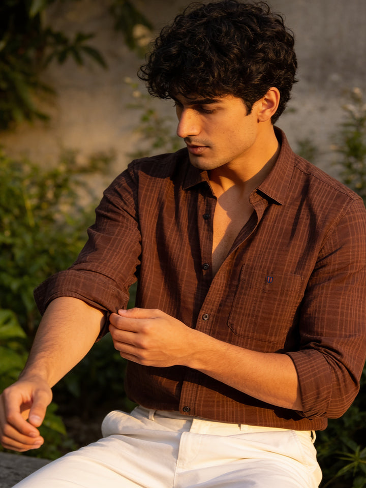 Sand Brown Checkered Casual Shirt