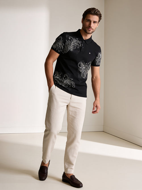 Obsidian Black and White Printed Polo T Shirt