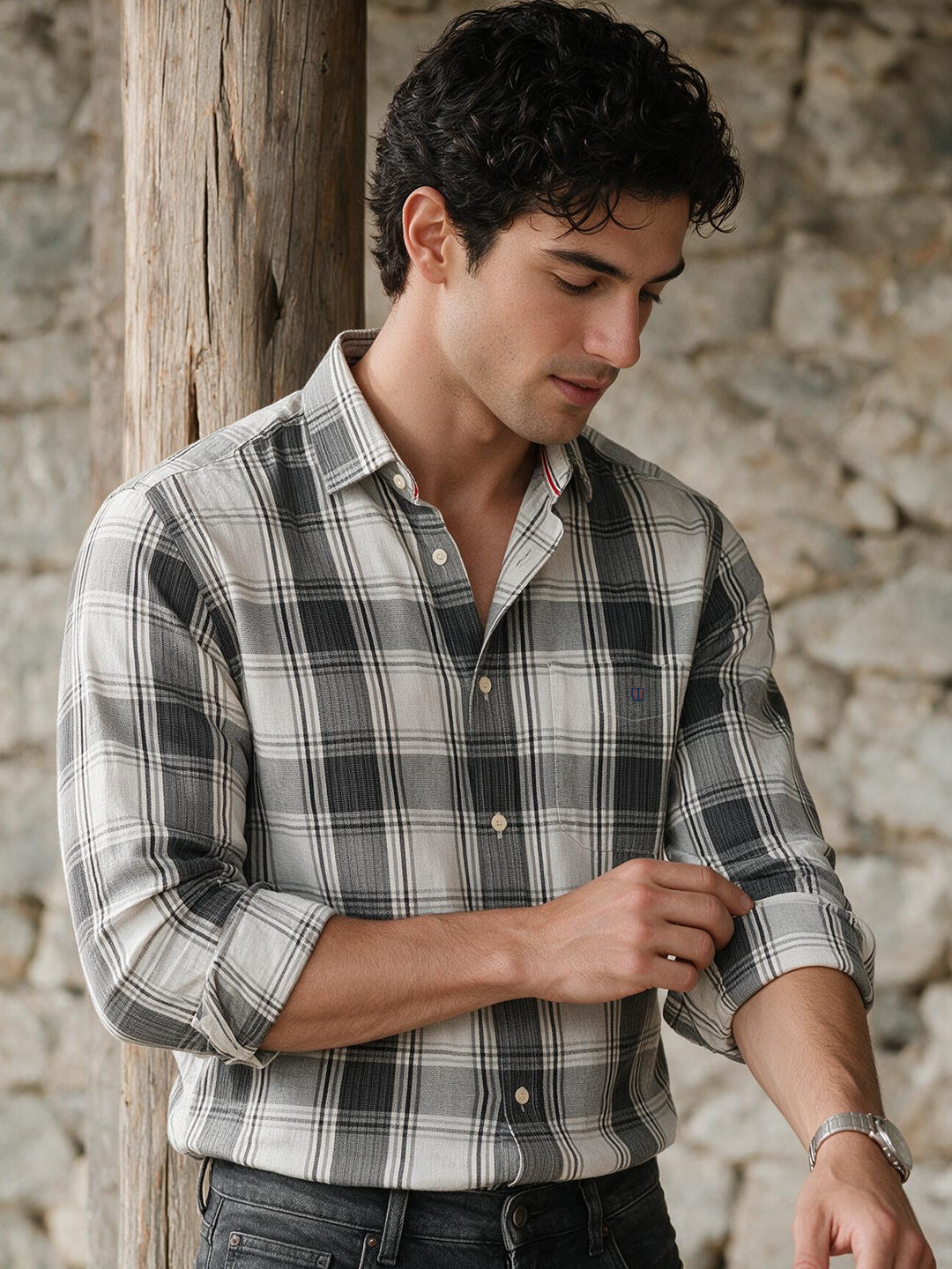 Ash Green and Black Checked Casual Shirt
