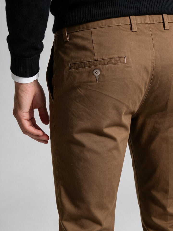 Brick Brown Cotton Twill Satin Solid Casual Trousers