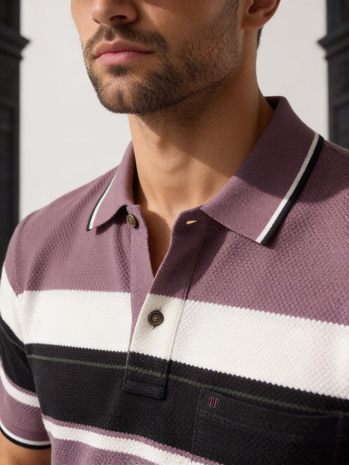 Smoky Plum Horizontal Stripes Polo T Shirt