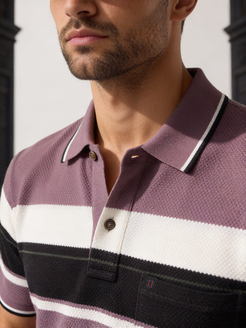 Smoky Plum Horizontal Stripes Polo T Shirt
