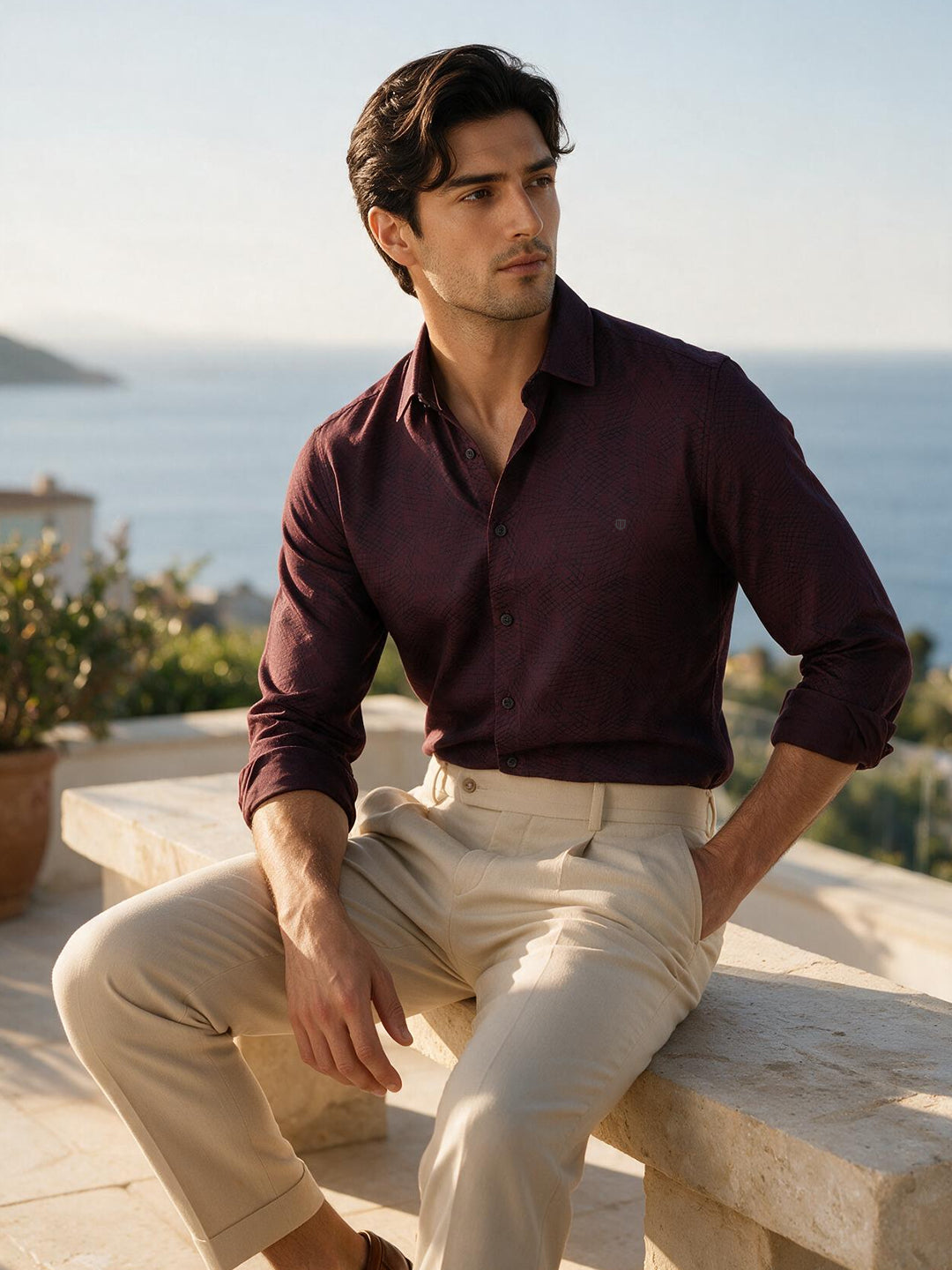 Wine Mulberry Geometric Printed Casual Shirt
