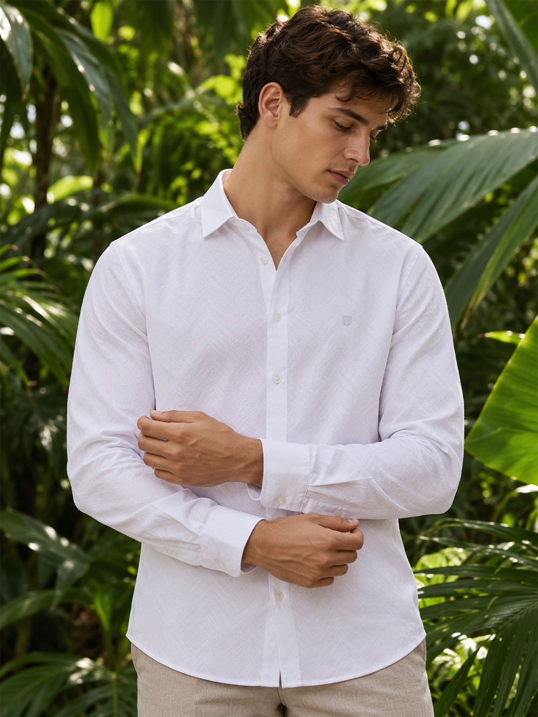 White Textured Geometric Printed Urban Casual Shirt
