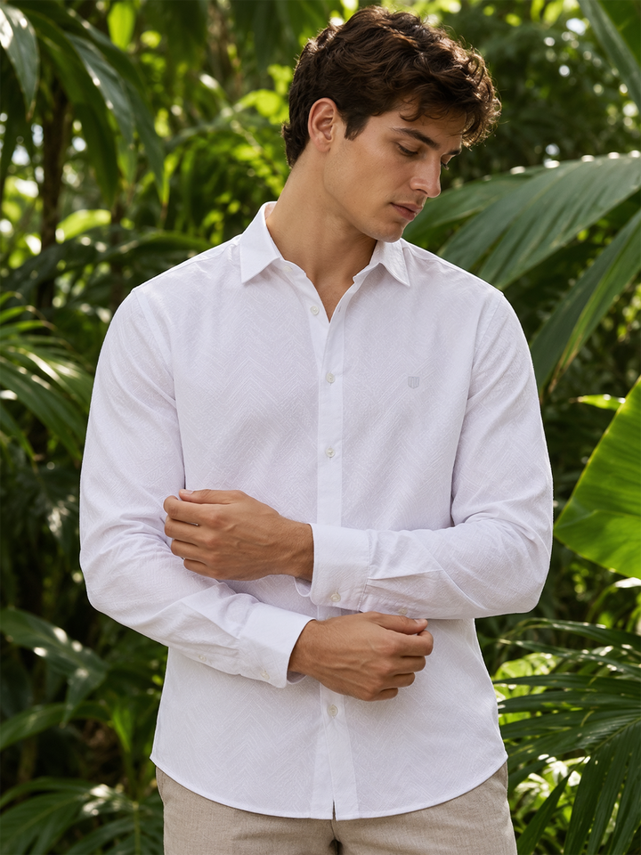 White Textured Geometric Printed Urban Casual Shirt