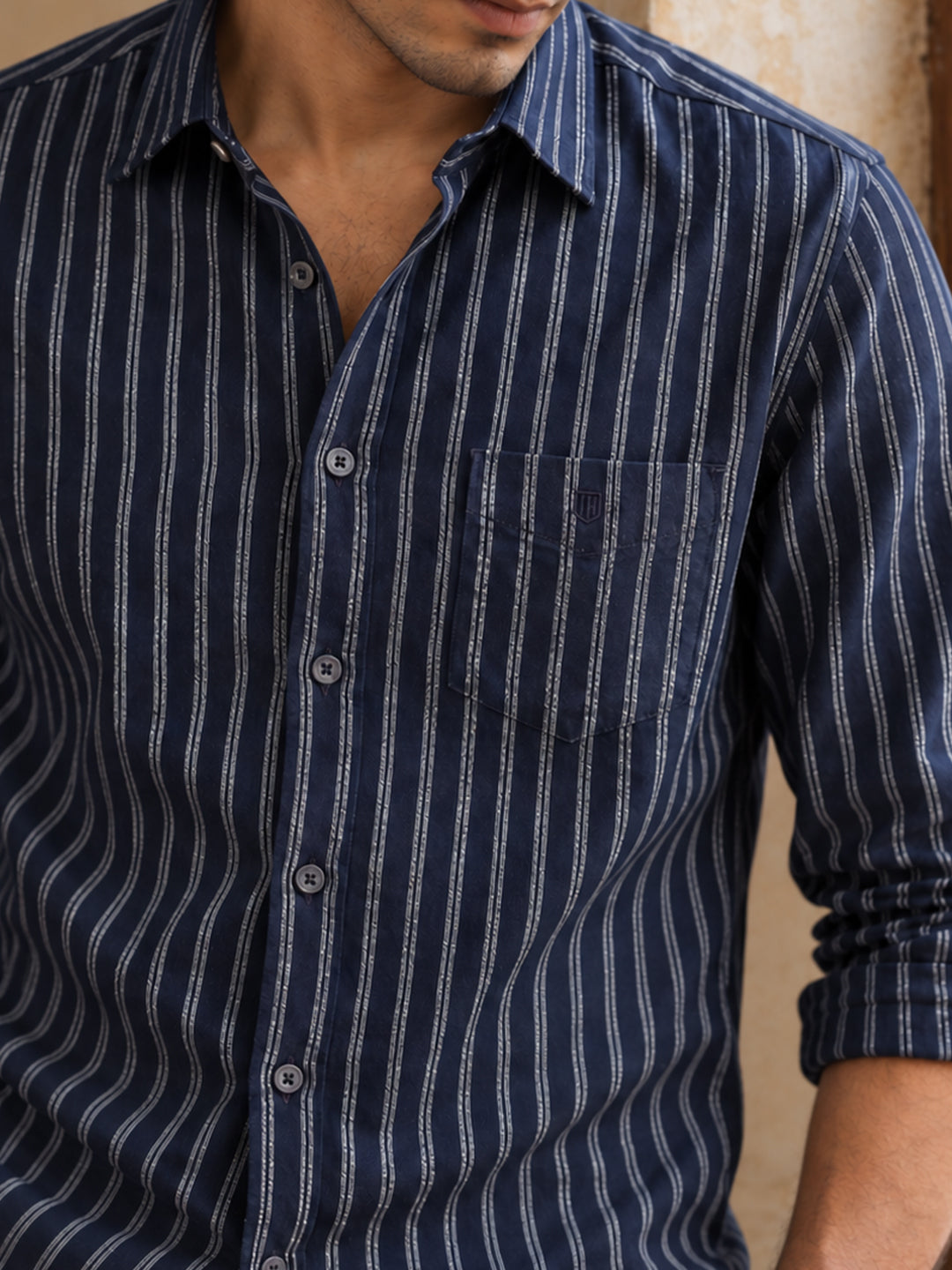 Dark Navy and White Embroider Vertical Stripes Casual Shirt