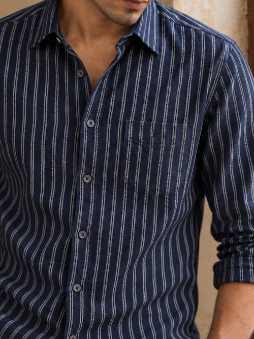 Dark Navy and White Embroider Vertical Stripes Casual Shirt