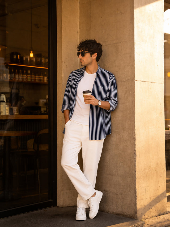 Ink Blue and White Vertical Stripes Casual Shirt