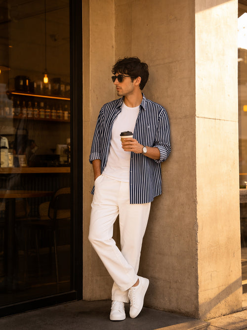 Ink Blue and White Vertical Stripes Casual Shirt